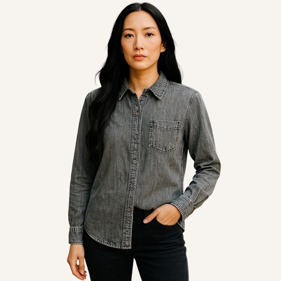 Black Tape Women's Acid Wash Denim Button Down Shirt XS Long‎ Sleeve Gray - Picture 1 of 8